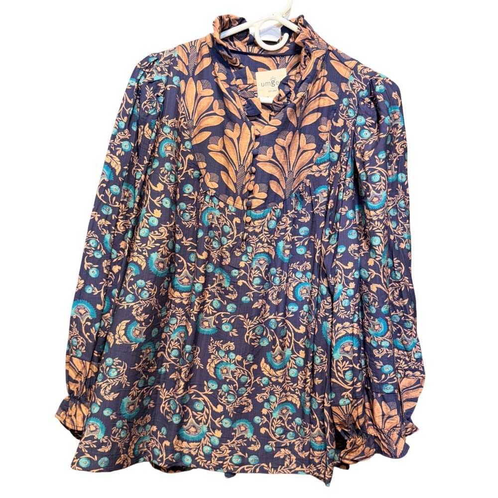 Umgee Womens Floral Paisley Boho Blouse Navy Blue Ruffle Neck Top  Large